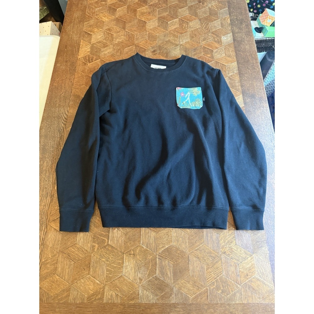 Vans Black Crew Sweatshirt with Blue Floral Pocket